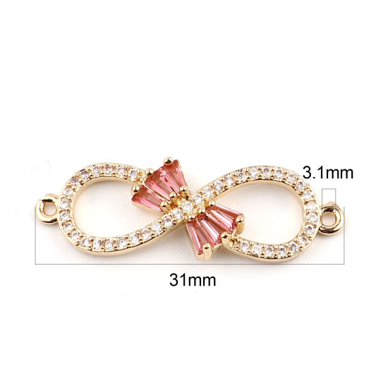 Bild von Messing Verbinder Unendlichkeit Symbol Vergoldet Schleife Transparent & Rosa Strass 31mm x 10mm, 2 Stück