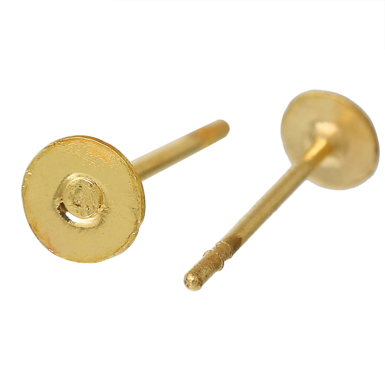 Picture of Brass Ear Post Stud Earrings Findings Round Gold Plated 12mm( 4/8") x 4mm( 1/8"), Post/ Wire Size: (21 gauge), 500 PCs                                                                                                                                        