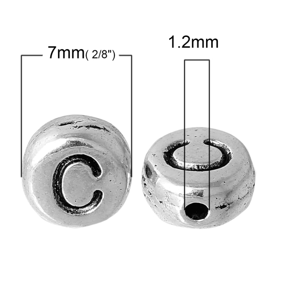 亜鉛合金 メタル/金属 スペーサ ビーズ 円形 銀古美 レター 彫刻 約 7mm直径、 穴：約 1.2mm、 100 個 の画像