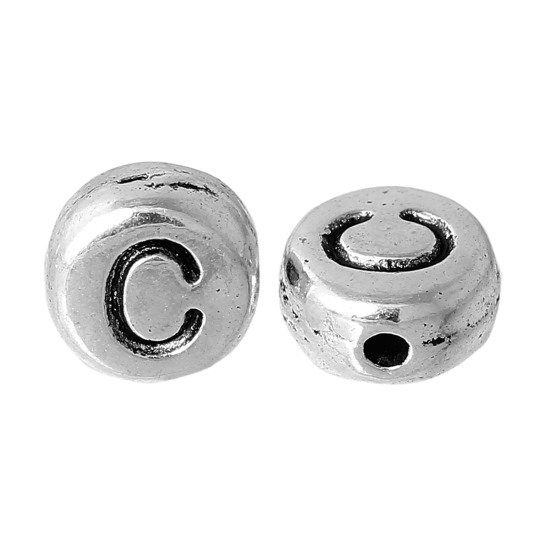 亜鉛合金 メタル/金属 スペーサ ビーズ 円形 銀古美 レター 彫刻 約 7mm直径、 穴：約 1.2mm、 100 個 の画像