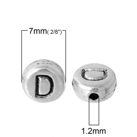 Immagine di Lega di Zinco Separatori Perline Tondo Argento Antico Lettera Scolpisce Circa 7mm Dia, Foro:Circa 1.2mm, 100 Pz