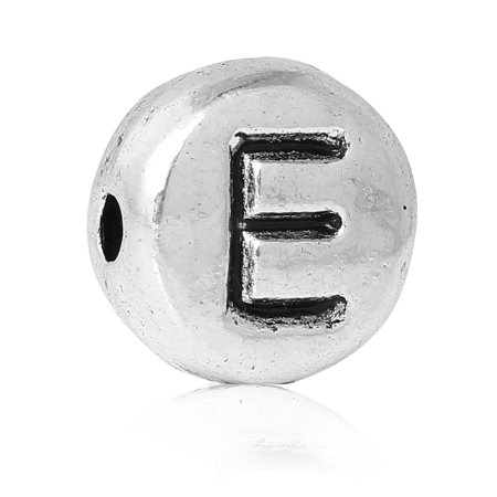 Picture of Spacer Beads Round Antique Silver Color Letter "E" Pattern Carved About 7mm Dia, Hole:Approx 1.2mm, 100 PCs