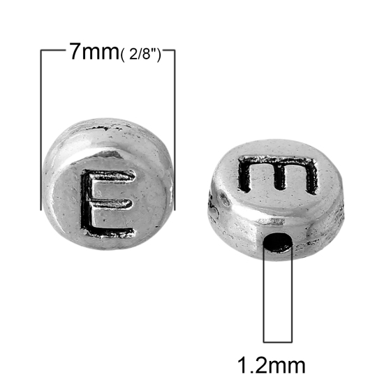 Picture of Spacer Beads Round Antique Silver Color Letter "E" Pattern Carved About 7mm Dia, Hole:Approx 1.2mm, 100 PCs