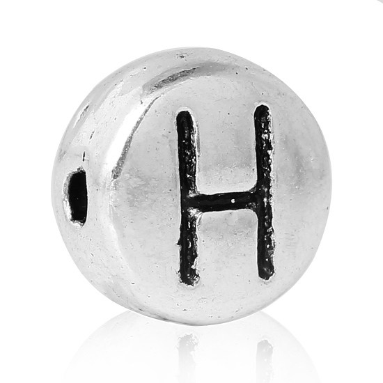 Immagine di Lega di Zinco Separatori Perline Tondo Argento Antico Lettera Scolpisce Circa 7mm Dia, Foro:Circa 1.2mm, 100 Pz
