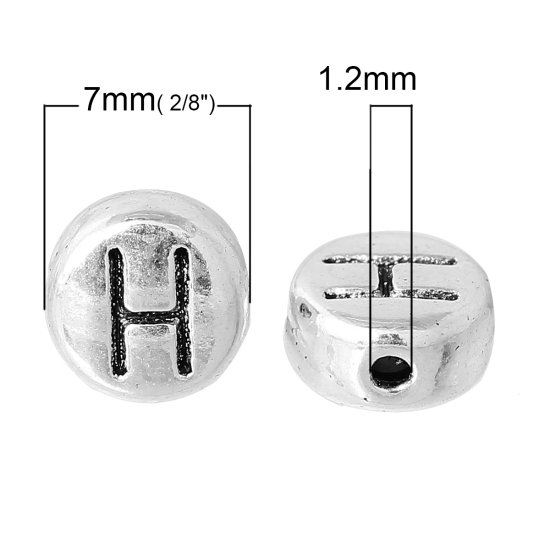 Immagine di Lega di Zinco Separatori Perline Tondo Argento Antico Lettera Scolpisce Circa 7mm Dia, Foro:Circa 1.2mm, 100 Pz
