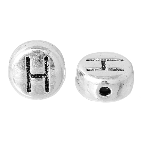 Immagine di Lega di Zinco Separatori Perline Tondo Argento Antico Lettera Scolpisce Circa 7mm Dia, Foro:Circa 1.2mm, 100 Pz