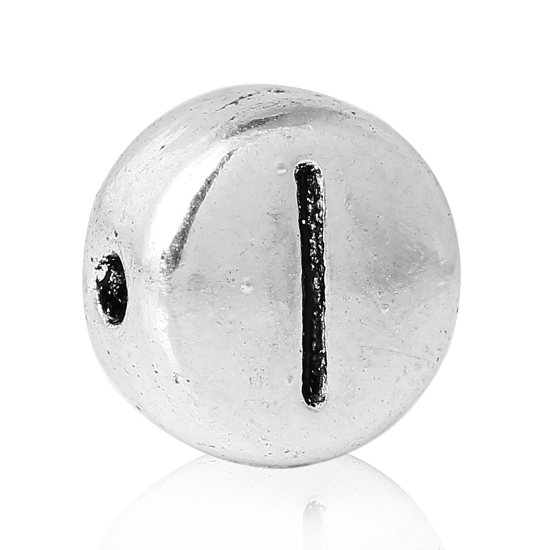Picture of Spacer Beads Round Antique Silver Color Letter "I" Pattern Carved About 7mm Dia, Hole:Approx 1.2mm, 100 PCs