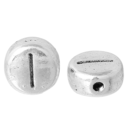 Immagine di Lega di Zinco Separatori Perline Tondo Argento Antico Lettera Scolpisce Circa 7mm Dia, Foro:Circa 1.2mm, 100 Pz