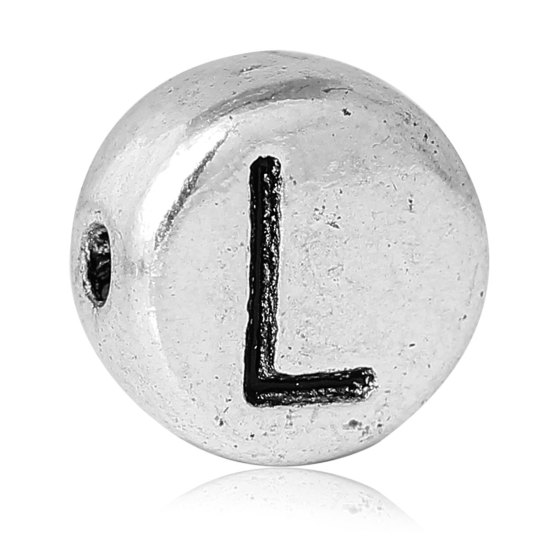 Picture of Spacer Beads Round Antique Silver Color Letter "L" Pattern Carved About 7mm Dia, Hole:Approx 1.2mm, 100 PCs