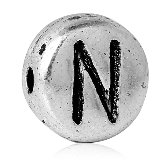 Immagine di Lega di Zinco Separatori Perline Tondo Argento Antico Lettera Scolpisce Circa 7mm Dia, Foro:Circa 1.2mm, 100 Pz