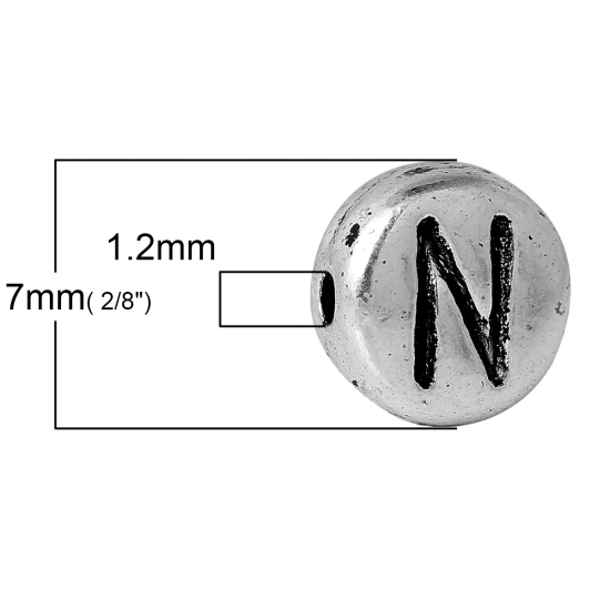Immagine di Lega di Zinco Separatori Perline Tondo Argento Antico Lettera Scolpisce Circa 7mm Dia, Foro:Circa 1.2mm, 100 Pz