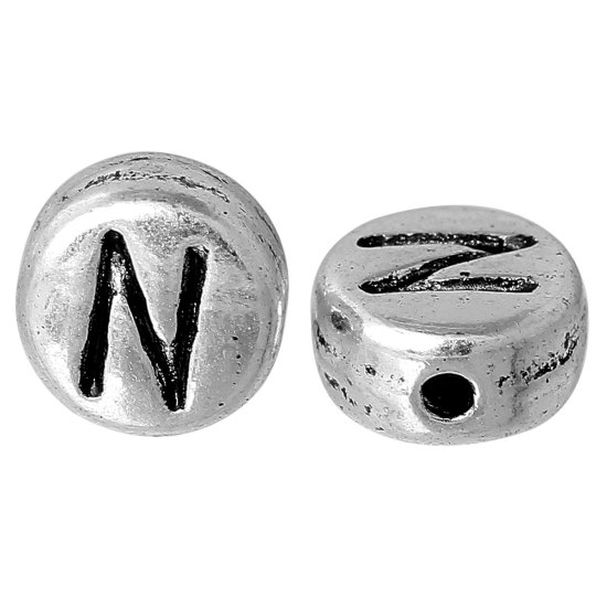 Immagine di Lega di Zinco Separatori Perline Tondo Argento Antico Lettera Scolpisce Circa 7mm Dia, Foro:Circa 1.2mm, 100 Pz