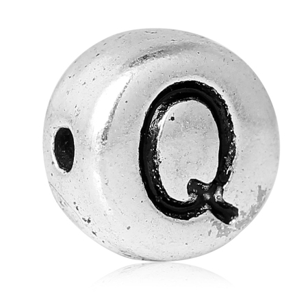 Spacer Beads Round Antique Silver Color Letter "Q" Pattern Carved About 7.0mm( 2/8") Dia, Hole:Approx 1.2mm, 100 PCs