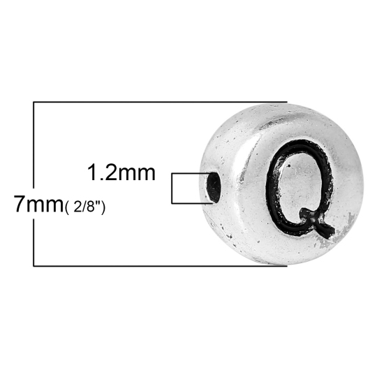 Immagine di Lega di Zinco Separatori Perline Tondo Argento Antico Lettera Scolpisce Circa 7mm Dia, Foro:Circa 1.2mm, 100 Pz