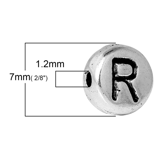 Picture of Spacer Beads Round Antique Silver Color Letter "R" Pattern Carved About 7mm Dia, Hole:Approx 1.2mm, 100 PCs