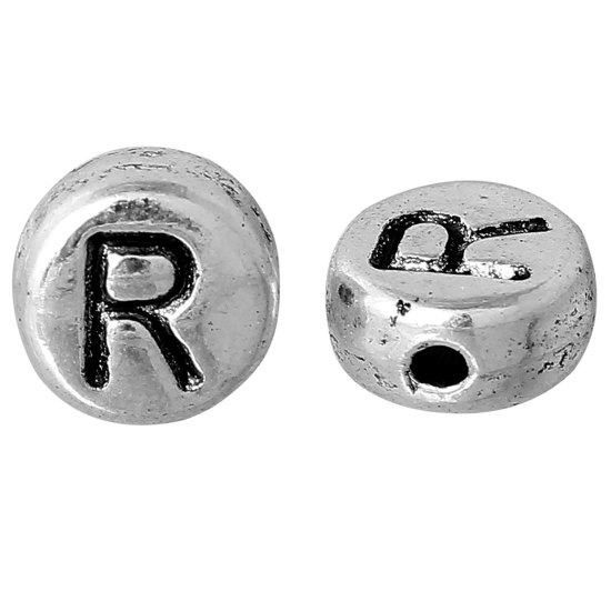 Picture of Spacer Beads Round Antique Silver Color Letter "R" Pattern Carved About 7mm Dia, Hole:Approx 1.2mm, 100 PCs