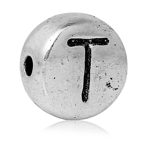 Picture of Spacer Beads Round Antique Silver Color Letter "T" Pattern Carved About 7mm Dia, Hole:Approx 1.2mm, 100 PCs
