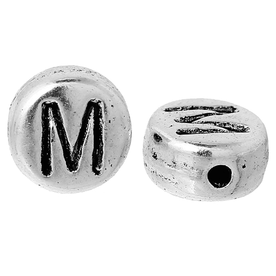 Immagine di Lega di Zinco Separatori Perline Tondo Argento Antico Lettera Scolpisce Circa 7mm Dia, Foro:Circa 1.2mm, 100 Pz