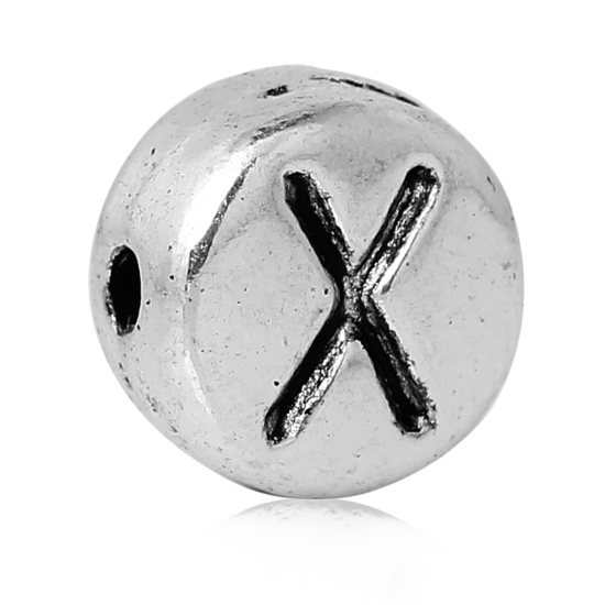 Immagine di Lega di Zinco Separatori Perline Tondo Argento Antico Lettera Scolpisce Circa 7mm Dia, Foro:Circa 1.2mm, 100 Pz