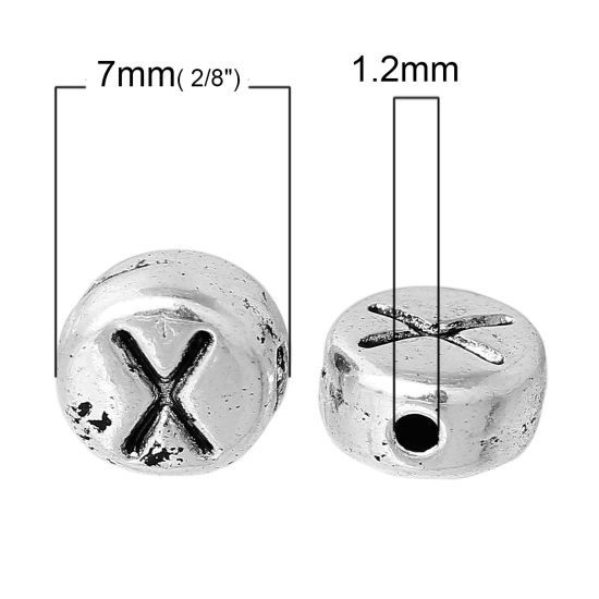 Immagine di Lega di Zinco Separatori Perline Tondo Argento Antico Lettera Scolpisce Circa 7mm Dia, Foro:Circa 1.2mm, 100 Pz