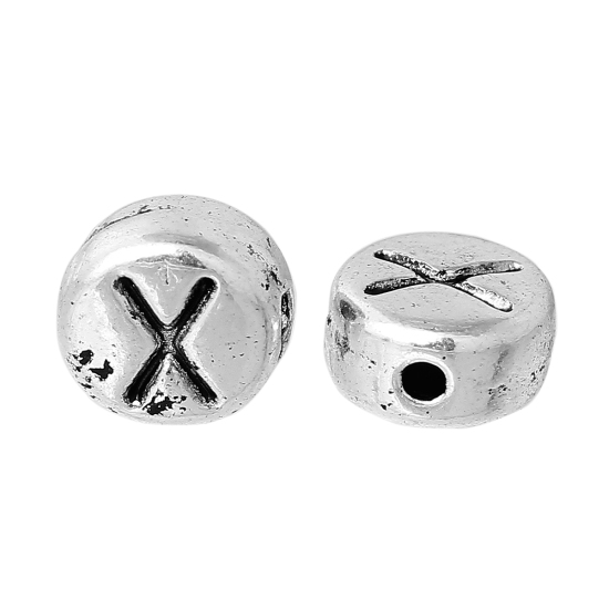 Immagine di Lega di Zinco Separatori Perline Tondo Argento Antico Lettera Scolpisce Circa 7mm Dia, Foro:Circa 1.2mm, 100 Pz