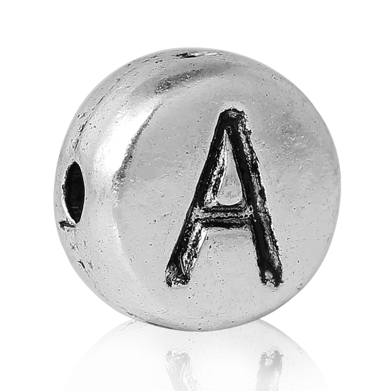 Immagine di Lega di Zinco Separatori Perline Tondo Argento Antico Lettera Scolpisce Circa 7mm Dia, Foro:Circa 1.2mm, 100 Pz