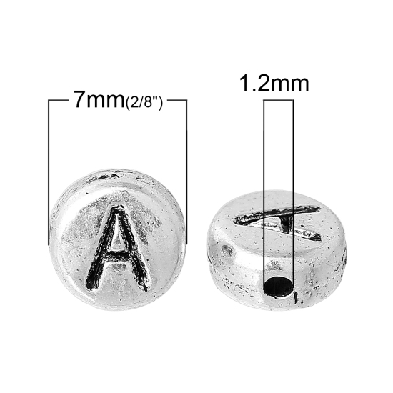Immagine di Lega di Zinco Separatori Perline Tondo Argento Antico Lettera Scolpisce Circa 7mm Dia, Foro:Circa 1.2mm, 100 Pz