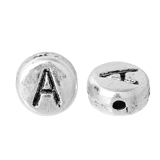 Immagine di Lega di Zinco Separatori Perline Tondo Argento Antico Lettera Scolpisce Circa 7mm Dia, Foro:Circa 1.2mm, 100 Pz