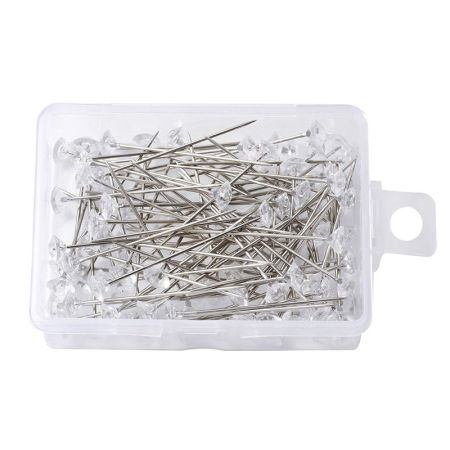 Picture of 1 Box ( 100 PCs/Box) Zinc Based Alloy & Acrylic Sewing Positioning Pin Diamond Shape Silver Tone Silver Tone 38mm x 6mm