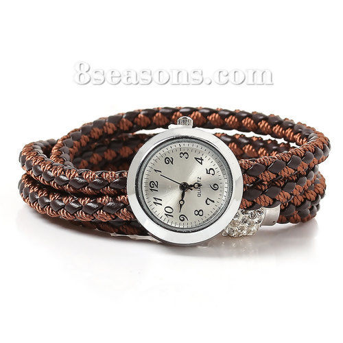 Bild von Echt Leder Geflochten Armbanduhr Wickel mit Batterie Rund Braun 39.5cm lang, 1 Stück
