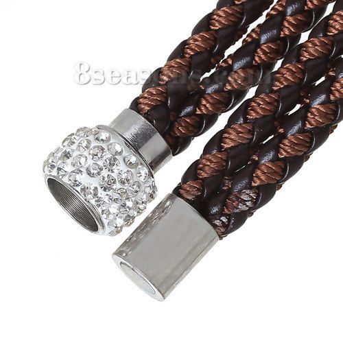Picture of Faux Leather Braided Bracelet Wrap Watch Round Brown Battery Included 39.5cm(15 4/8") long, 1 Piece