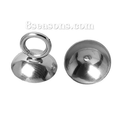 Picture of 304 Stainless Steel Pearl Pendant Connector Bail Cup Cap Round Silver Tone (Fit Bead: 16mm Dia.( 5/8")) 8mm( 3/8") x 8mm( 3/8"), 30 PCs