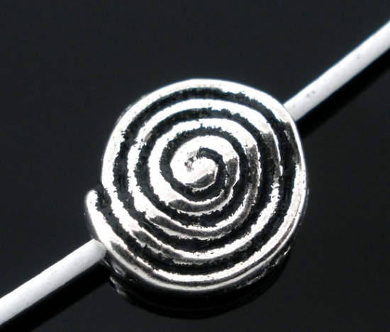 Immagine di Lega di Zinco Separatori Perline Tondo Argento Antico Spirale Disegno Circa 12.0mm x 11.0mm, Foro:Circa 1.0mm, 50 Pz