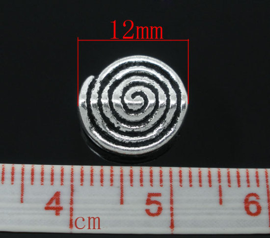 Immagine di Lega di Zinco Separatori Perline Tondo Argento Antico Spirale Disegno Circa 12.0mm x 11.0mm, Foro:Circa 1.0mm, 50 Pz