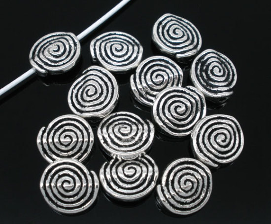 Immagine di Lega di Zinco Separatori Perline Tondo Argento Antico Spirale Disegno Circa 12.0mm x 11.0mm, Foro:Circa 1.0mm, 50 Pz