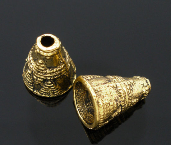Immagine di Lega di Zinco Separatori Perline Cono Oro Antico Modello Disegno Circa 11.0mm x 9.0mm, Foro:Circa 1.7mm, 60 Pz