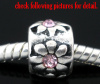 Picture of 10 PCs Zinc Based Alloy European Style Large Hole Charm Beads Antique Silver Color Round Flower Light Pink Rhinestone 10mm Dia., Hole: Approx 4.5mm