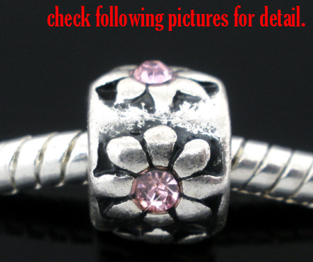 10 PCs Zinc Based Alloy European Style Large Hole Charm Beads Antique Silver Color Round Flower Light Pink Rhinestone 10mm Dia., Hole: Approx 4.5mm
