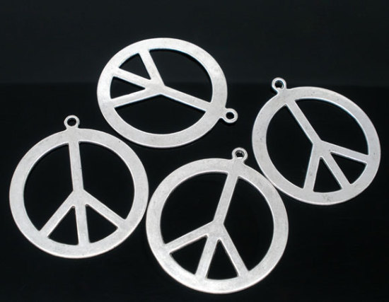 Picture of 10 Antique Silver Color Peace Sign Charm Pendants 44x40mm Findings