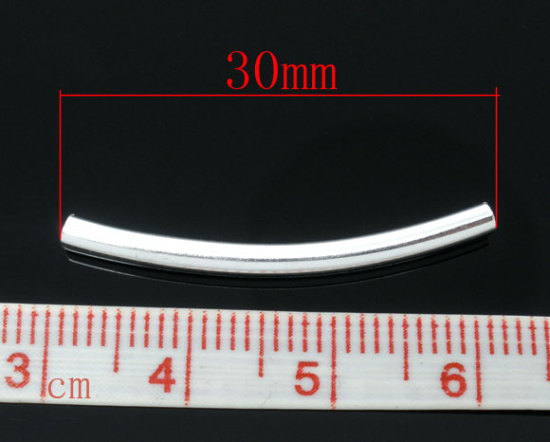 Picture of Brass Spacer Beads Curve Tube Silver Plated About 30mm(1 1/8") x 2.5mm( 1/8"), Hole:Approx 2mm, 100 PCs                                                                                                                                                       