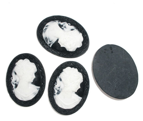 Picture of Resin Cabochon Cameo Oval Black & White Beauty Lady 40mm(1 5/8") x 30mm(1 1/8"), 10 PCs