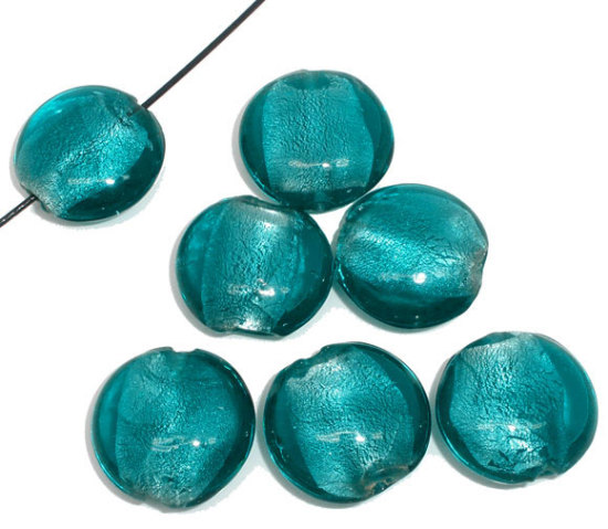 Image de Perles en Lampwork Rond Cyan Feuille d'Etain 20mm Dia, Taille de Trou: 1.5mm, 20 PCs