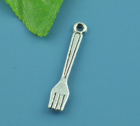 Picture of Zinc Based Alloy 3D Charm Pendants Fork Tableware Antique Silver Color 25mm x5mm(1" x 2/8"), 100 PCs