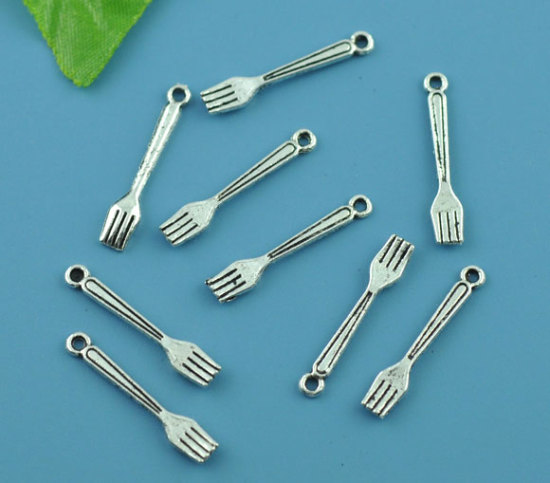 Picture of Zinc Based Alloy 3D Charm Pendants Fork Tableware Antique Silver Color 25mm x5mm(1" x 2/8"), 100 PCs