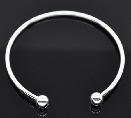 Copper European Style Open Cuff Charm Bangles Bracelets Silver Plated W/ Ball 18cm long, 4 PCs