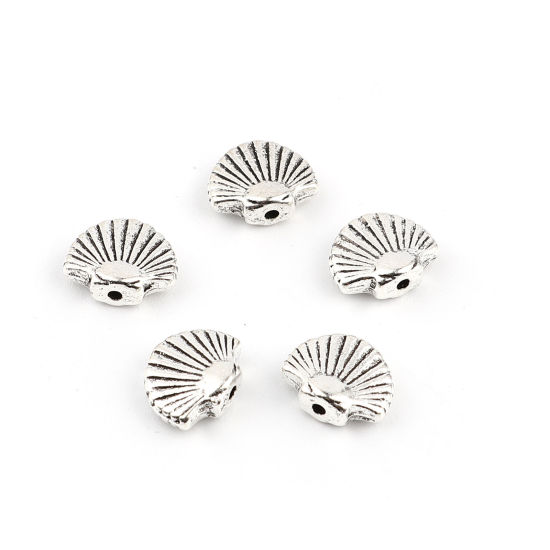 Picture of Zinc Based Alloy Ocean Jewelry Spacer Beads Scallop Antique Silver Color About 12mm x 9mm, Hole: Approx 1.5mm, 50 PCs