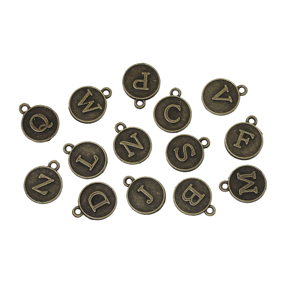 Picture of Zinc Based Alloy Charms Round Antique Bronze At Random Mixed Initial Alphabet/ Letter " A-Z " Carved 15mm( 5/8") x 13mm( 4/8"), 6 PCs