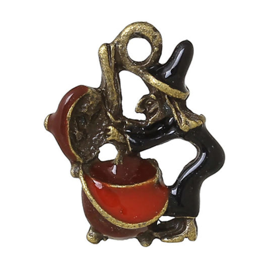 Picture of Zinc Based Alloy Halloween Charms Witch Antique Bronze Black & Red Enamel 19mm( 6/8") x 15mm( 5/8"), 10 PCs