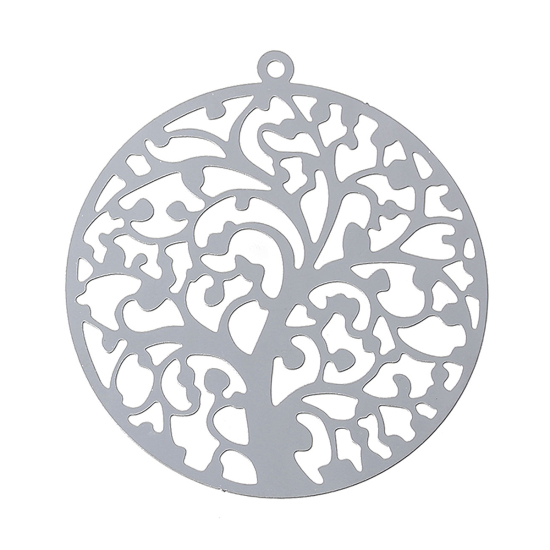Picture of 304 Stainless Steel Filigree Stamping Pendants Round Silver Tone Tree Carved Hollow 43mm(1 6/8") x 40mm(1 5/8"), 10 PCs
