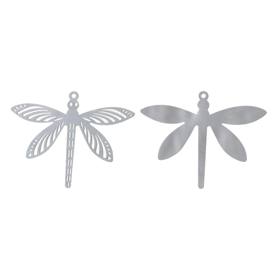 Picture of 304 Stainless Steel Filigree Stamping Pendants Dragonfly Animal Silver Tone Hollow 31mm(1 2/8") x 24mm(1"), 20 PCs